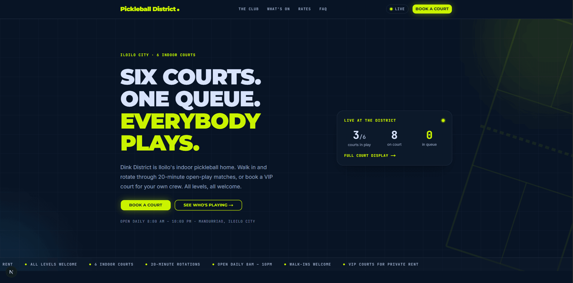 Pickleball District club homepage with live court and queue counts