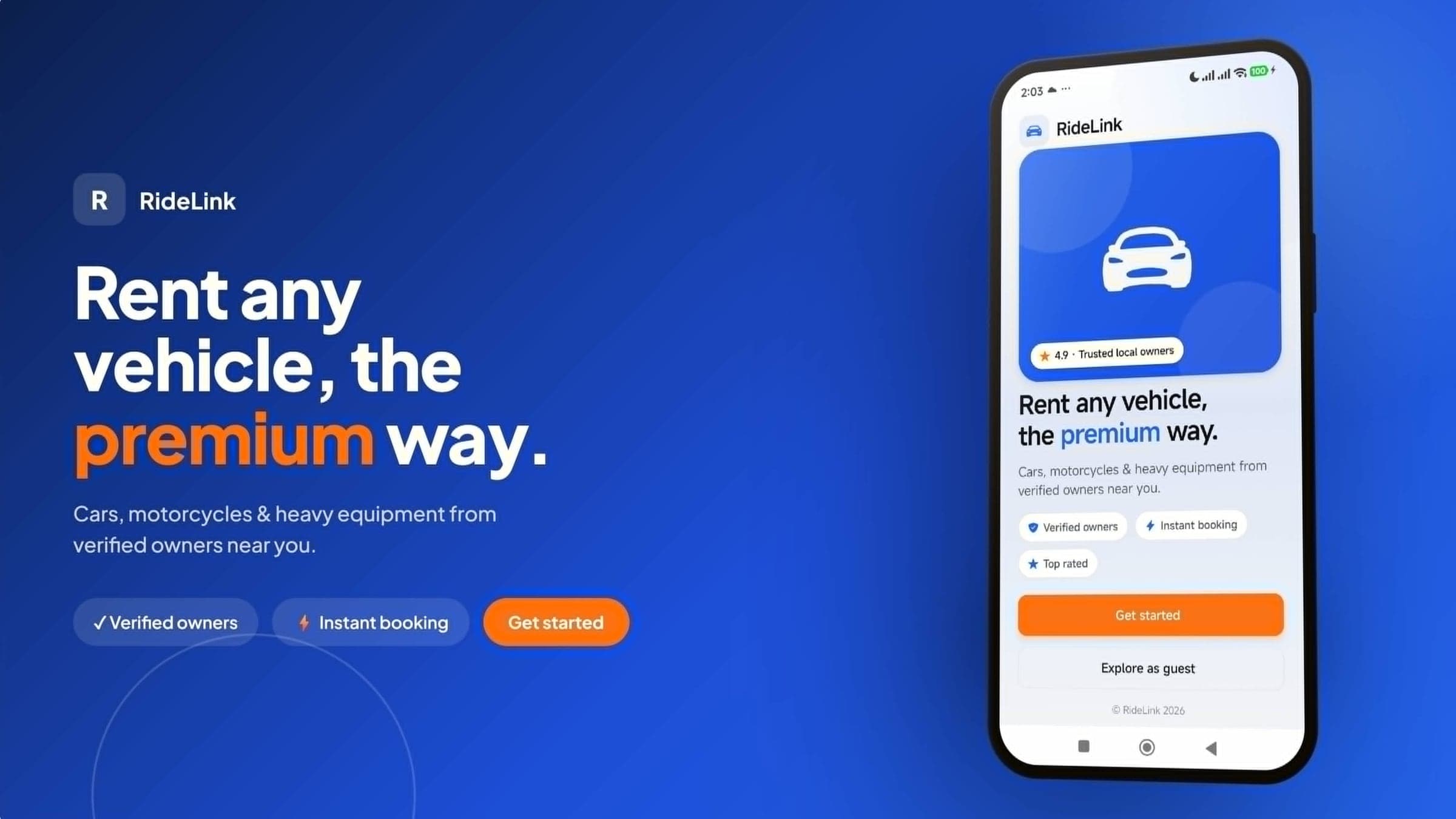 RideLink peer-to-peer vehicle rental app banner with phone mockup