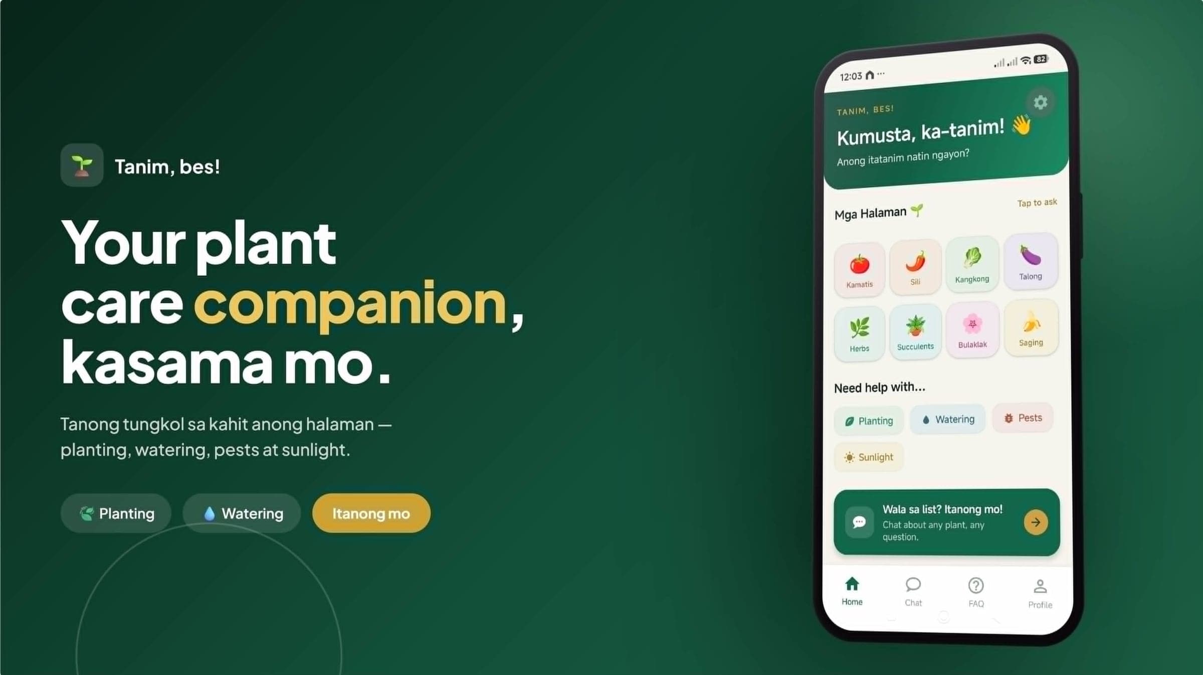 Tanim, Bes! plant-care companion app banner with Home screen mockup