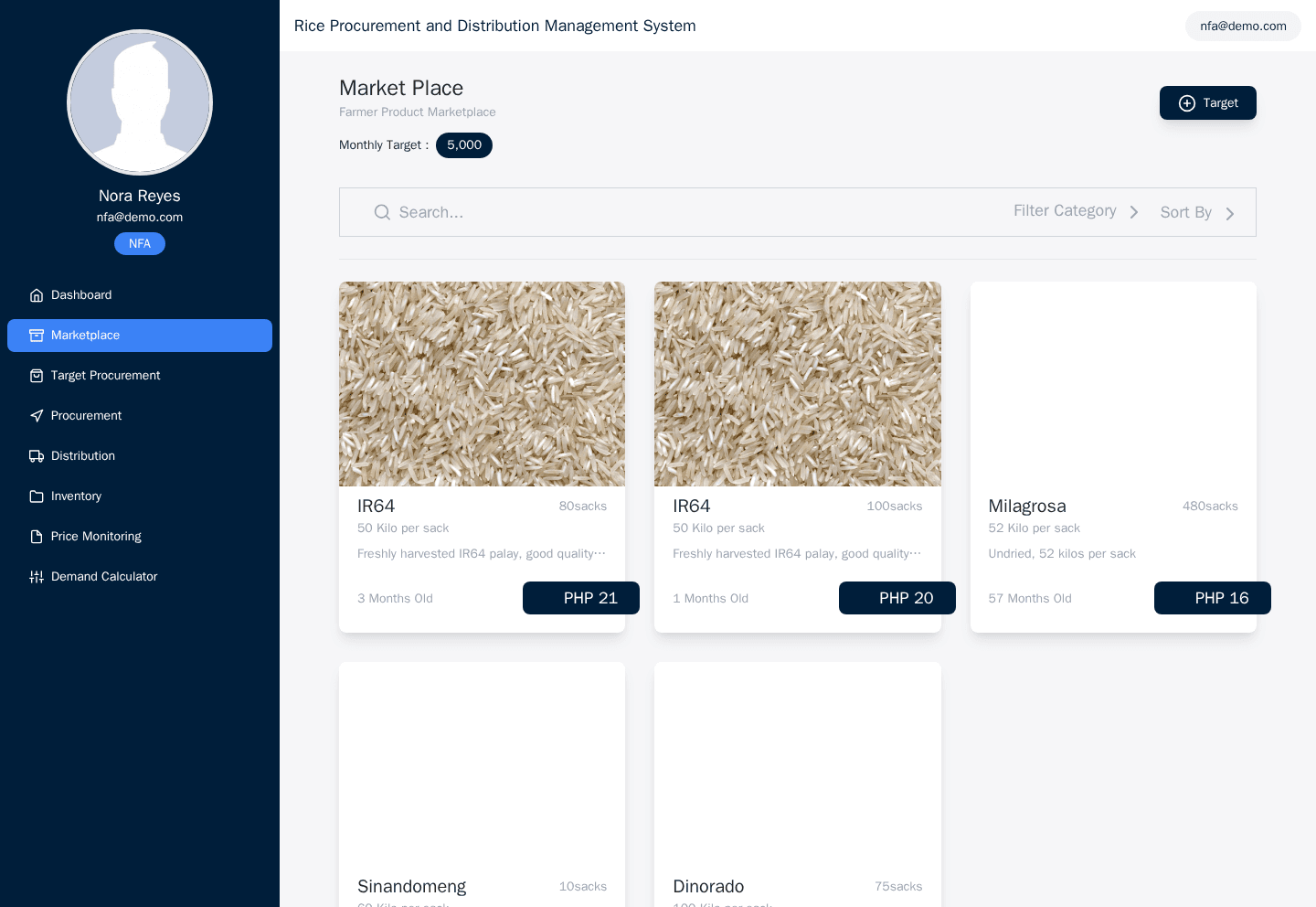 NFA Trading marketplace listing rice for bidding