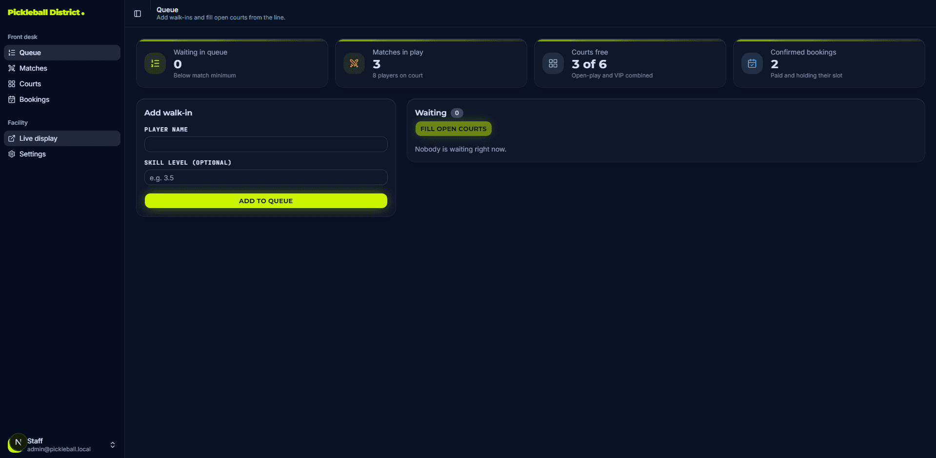 Pickleball District staff admin dashboard for adding walk-ins and filling open courts