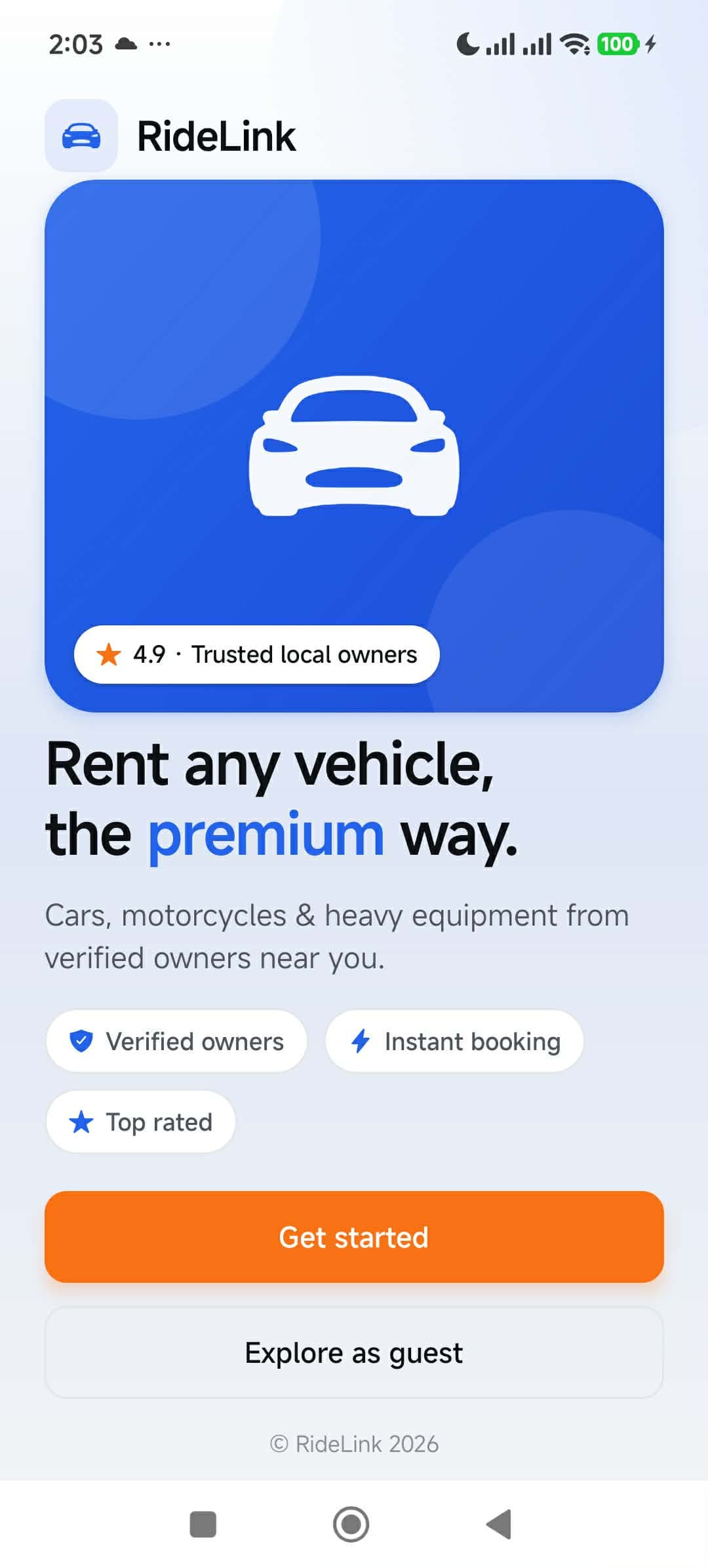 RideLink onboarding screen with sign-in and explore-as-guest options