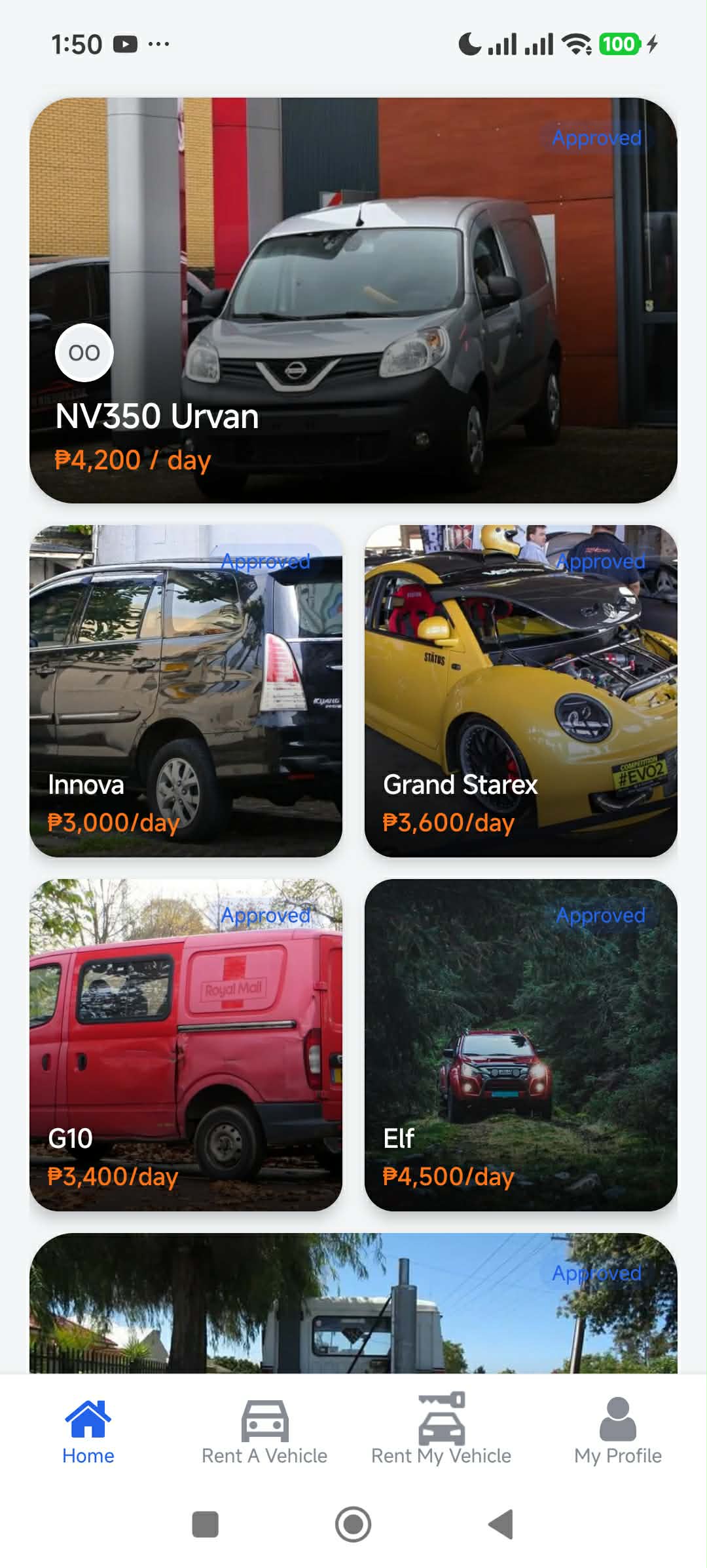 RideLink vehicle browsing and booking screen