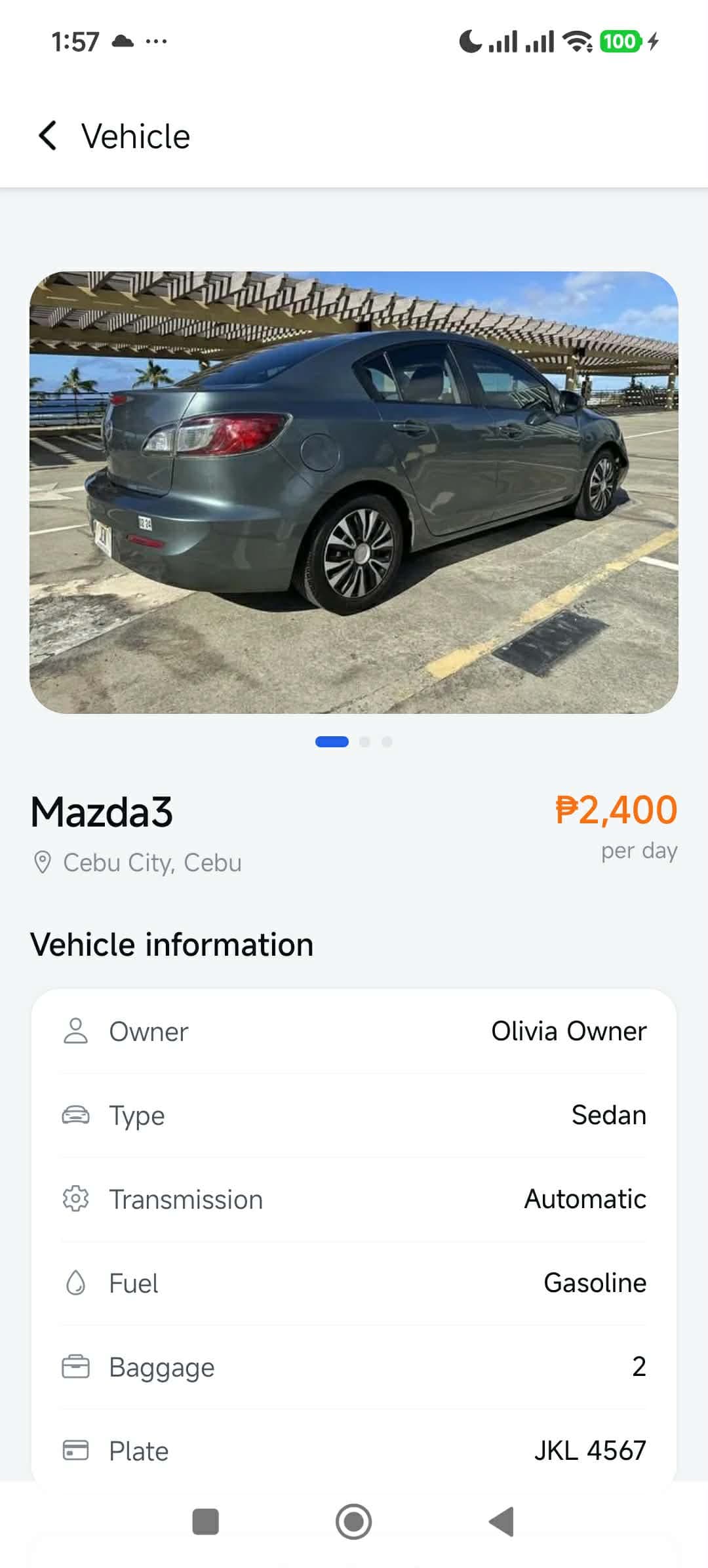 RideLink vehicle detail screen with specifications and pricing