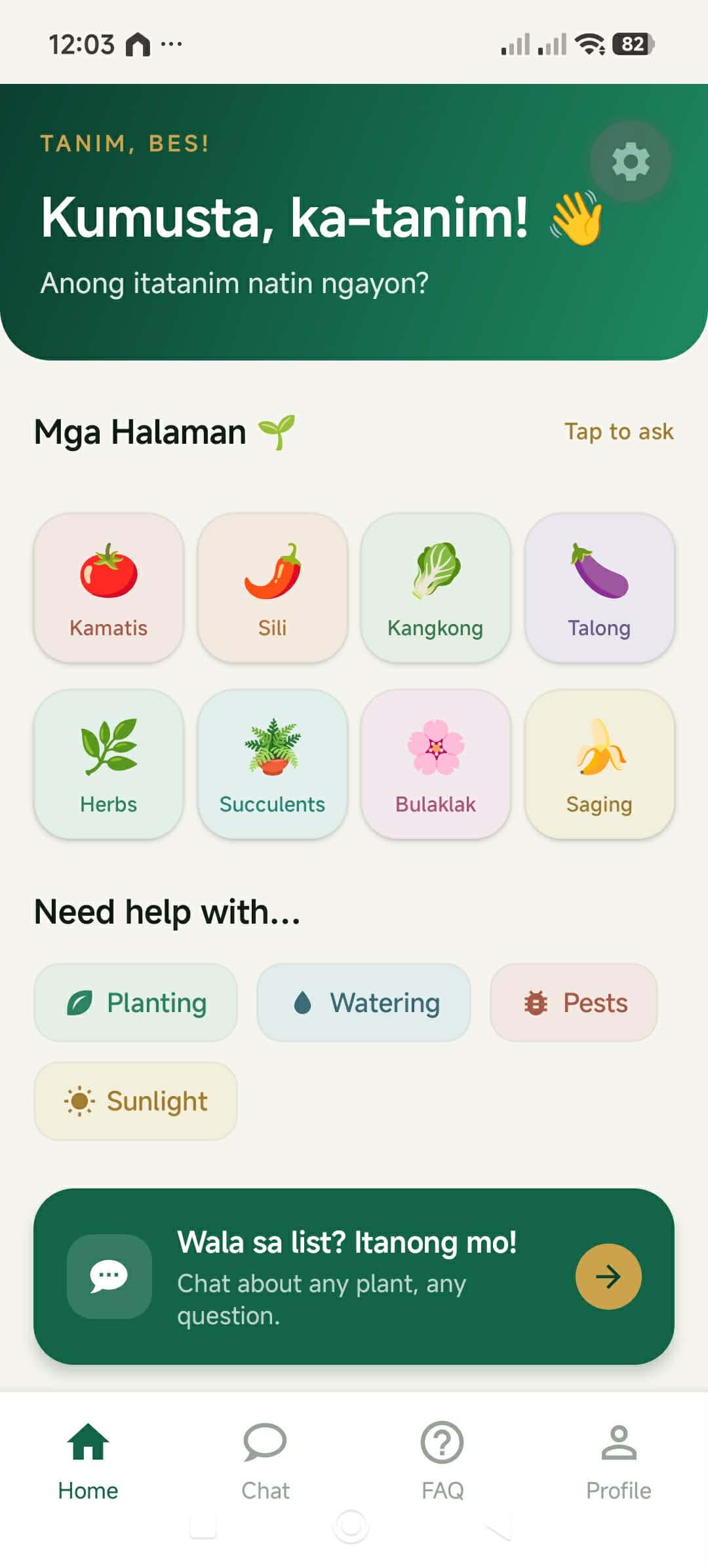 Tanim, Bes! Home screen with quick plant topics and care actions